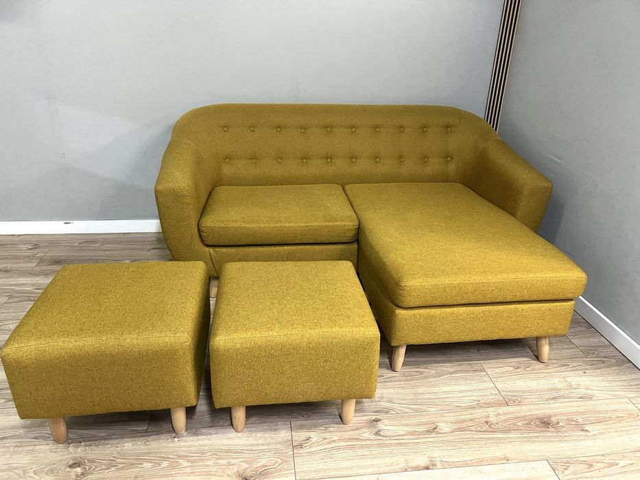 Narożnik pikowany musztardowy z dwiema pufami kanapa sofa DOSTAWA !!!
