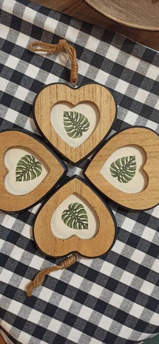 Drewniane ramki w kształcie serca z motywem liścia komplet 4 szt