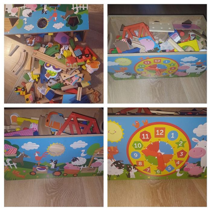 Drewniane klocki,kolorowe w drewnianej skrzyni