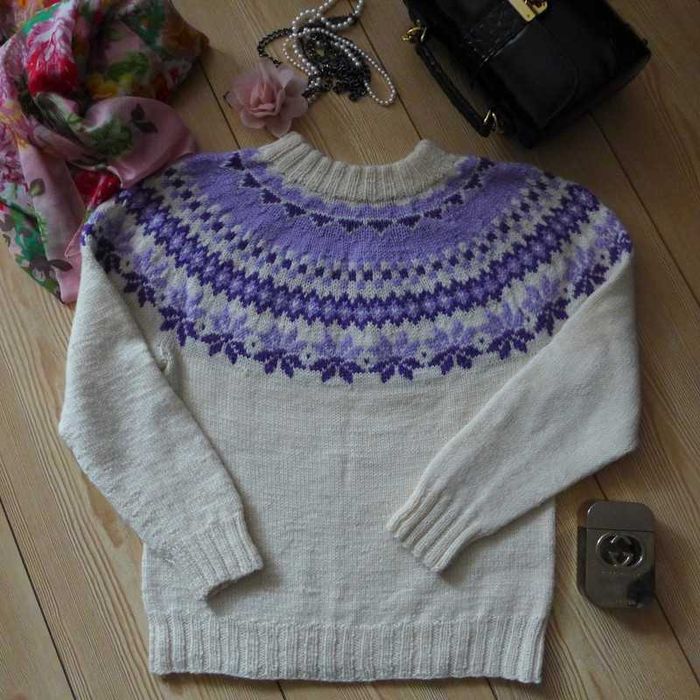 Żakardowy wzór islandzki Fair Isle SWETER handmade XS 34 lopapeysa
