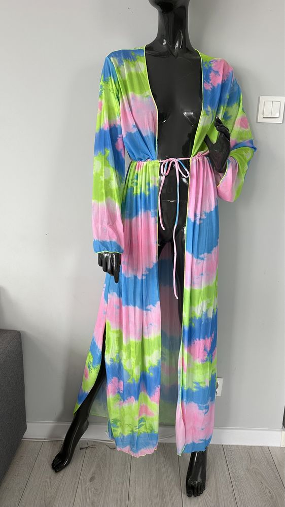 Dlugi kolorowy szlafrok narzutka plażowa kimono neon ze skrzydłami