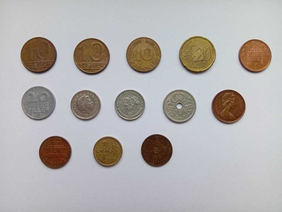 zestaw zbiór monet prl (13 monet) niemcy, dania, hiszpania, uk itp
