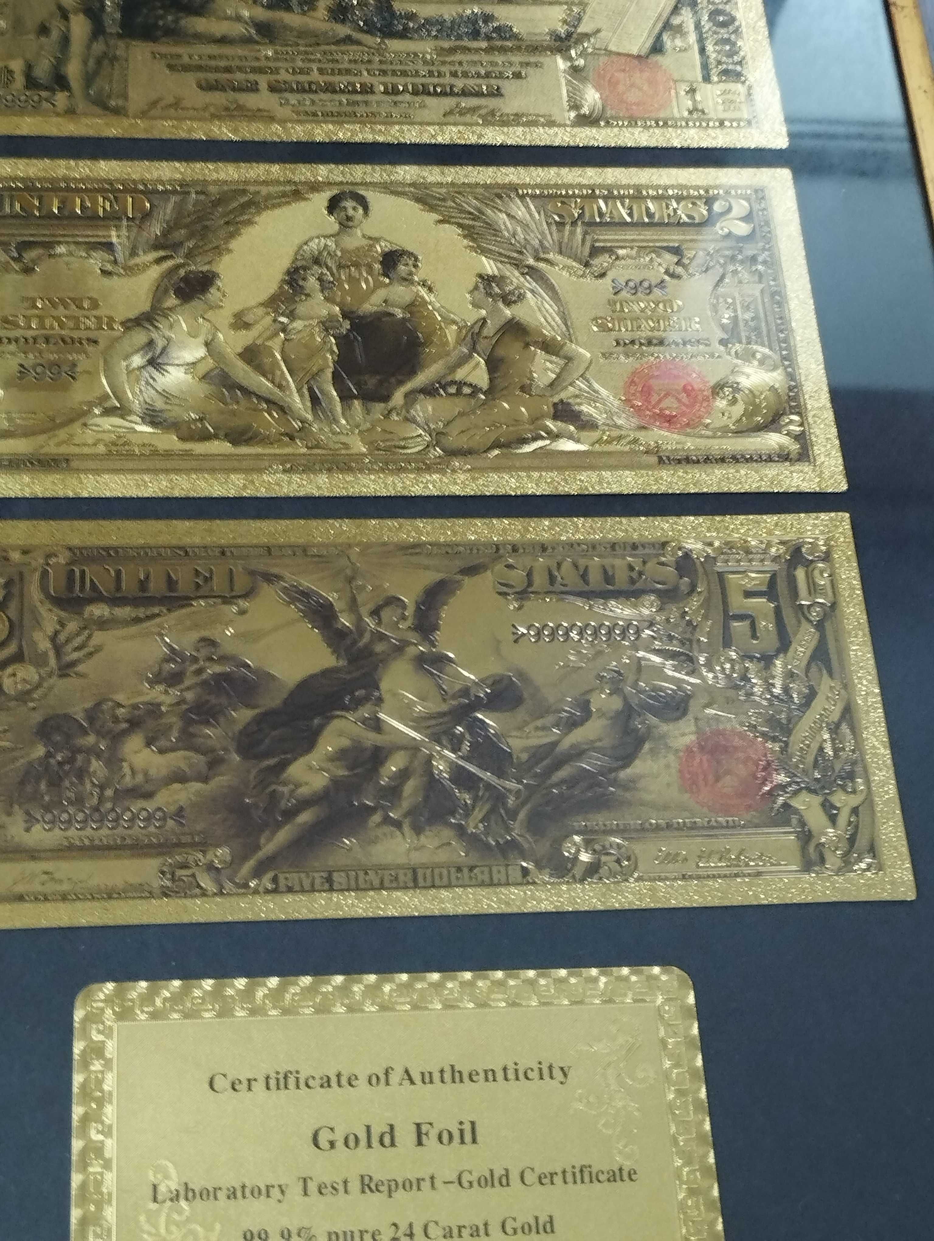 Картина-колаж з позолочених банкнот США 1, 2 та 5 доларів 1888 року