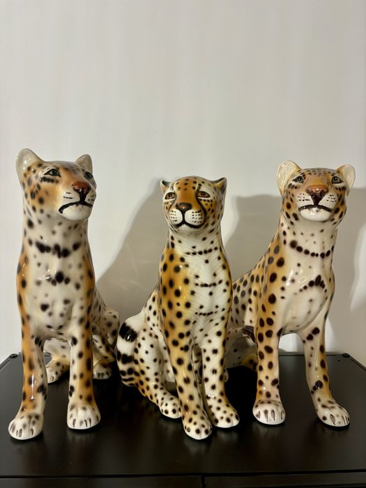3 Gepardy Figury Rzeźby ceramiczne malowane ręcznie  Włochy 1960te Top