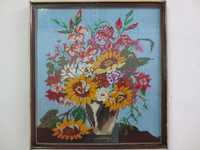 Obraz haft krzyżykowy kwiaty w doniczce. Duży, szer. 47 x 51 cm wys.