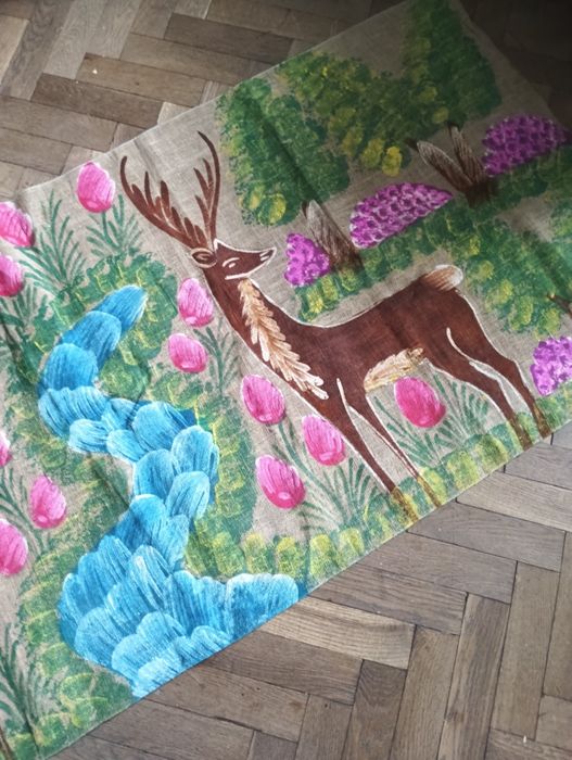 Obraz handmade PRL lata 60  makatka malowany  na lnie