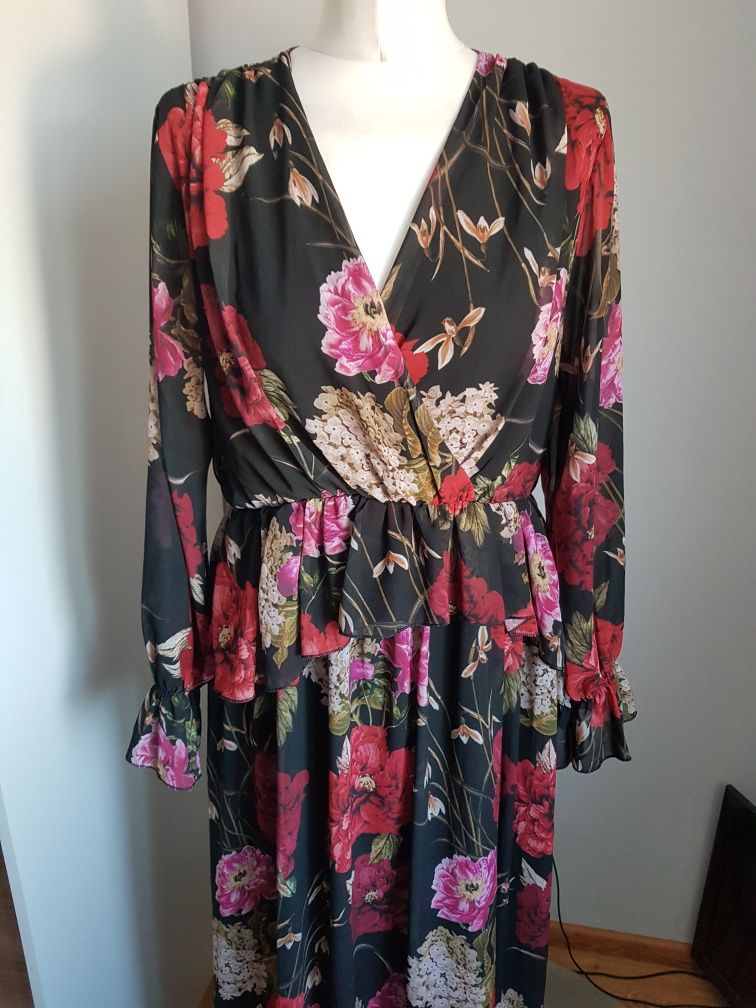Sukienka suknia maxi w kwiaty rozkloszowana szyfonowa zwiewna