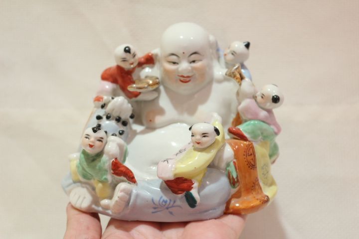 RARO Buda da Fertilidade Porcelana Chinesa 5 crianças Marcado 14