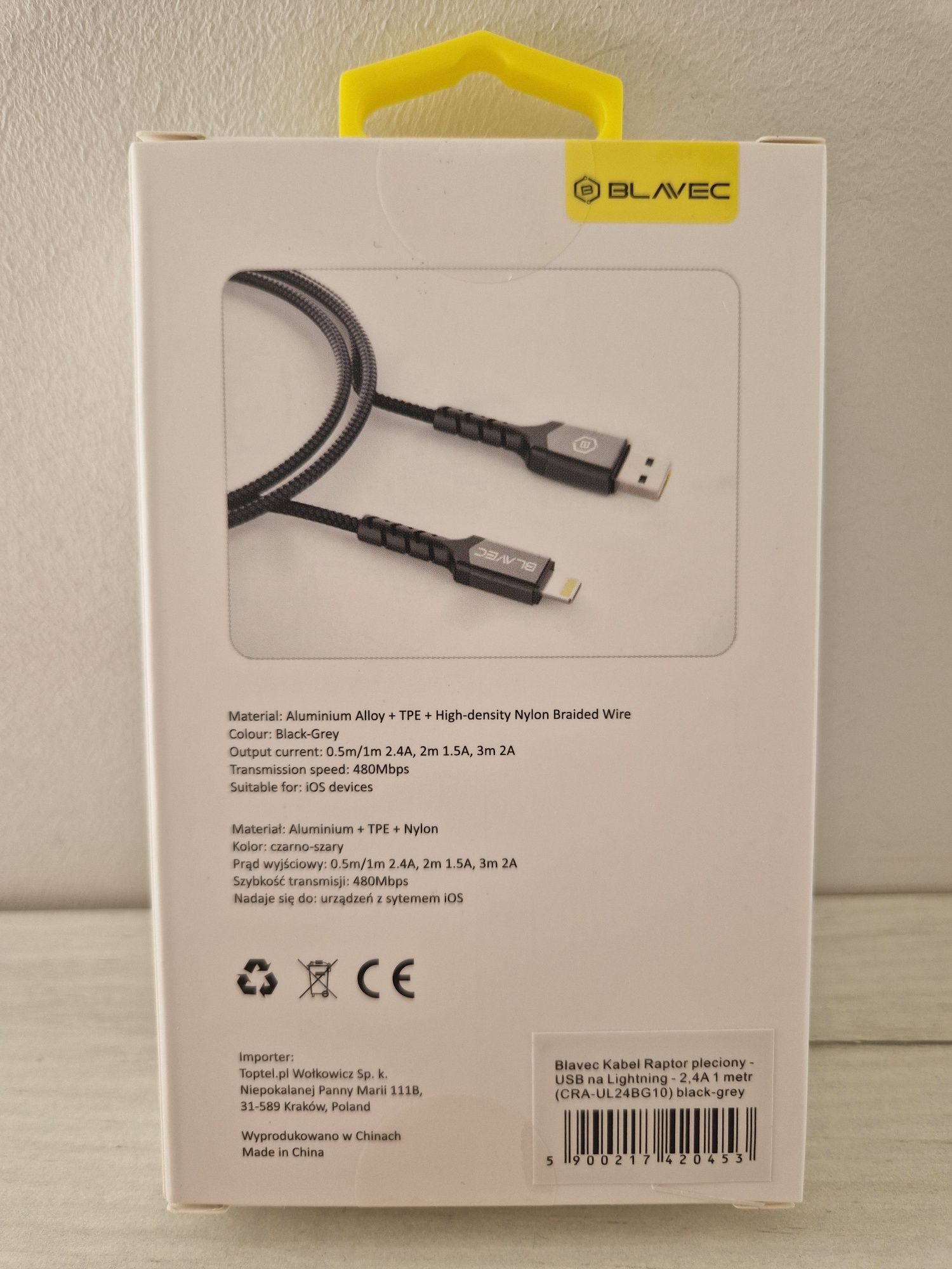 Blavec Kabel Raptor pleciony - Typ C na Lightning - PD 20W 2,4A 1 metr