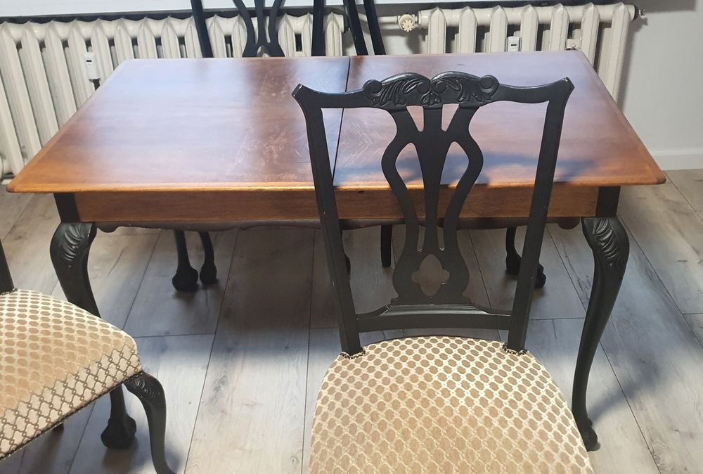 Komplet stół plus cztery krzesła chippendale czarny dębowy drewno