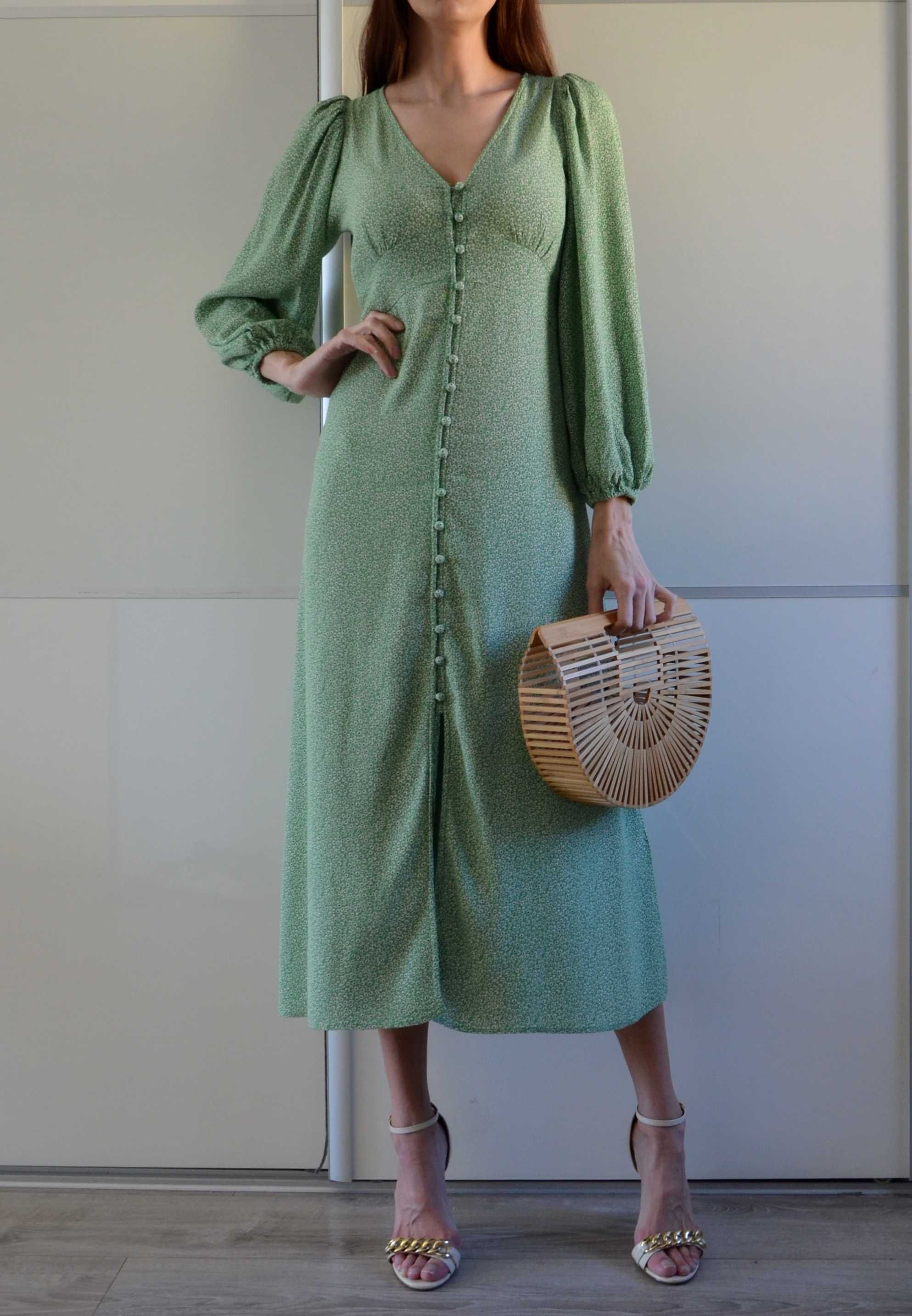 H&M długa zielona sukienka kwiaty guziki wiskoza floral green 36 S