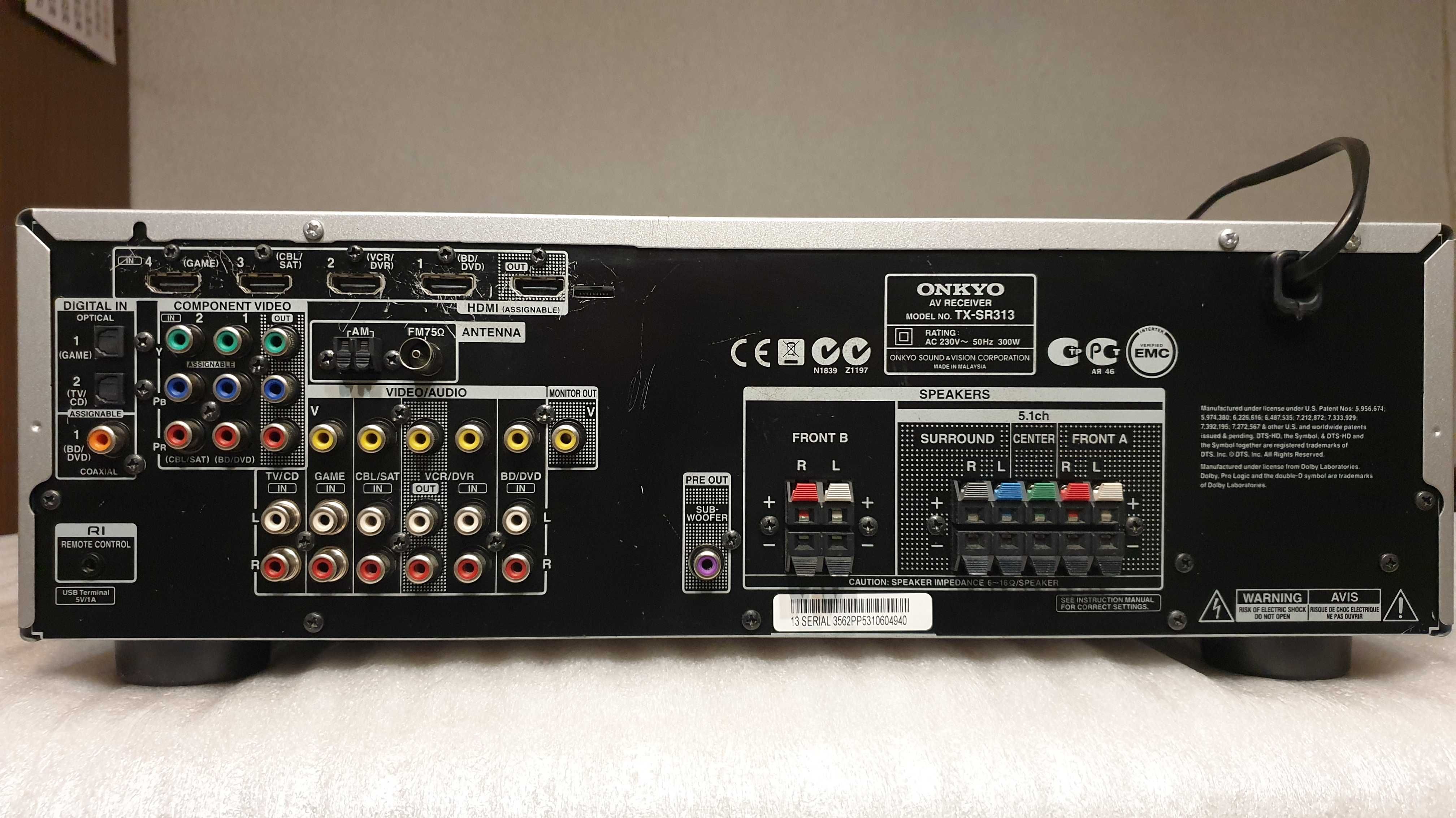 Ресивер Onkyo TX-SR313 5.1 TrueHD 3D WRAT ARC Opt Coax USB 100W FM