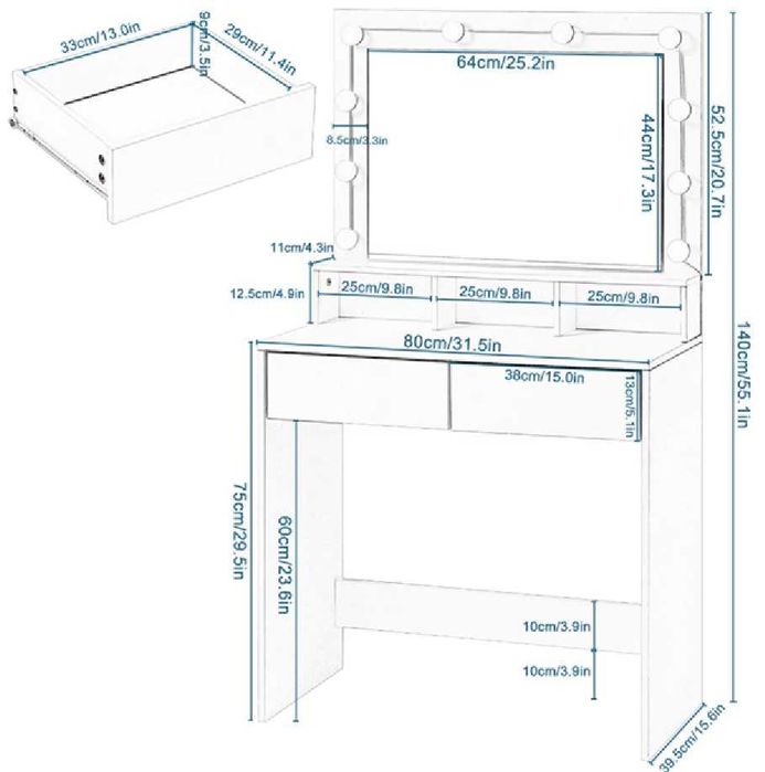 Toaletka Kosmetyczna Lustro WIZAŻ Oświetlenie HOLYWOOD+KRZESŁO LED 017