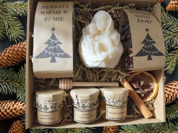 Box prezent,herbaty,miód,czerpak,świeczka Maryja z dzieciątkiem