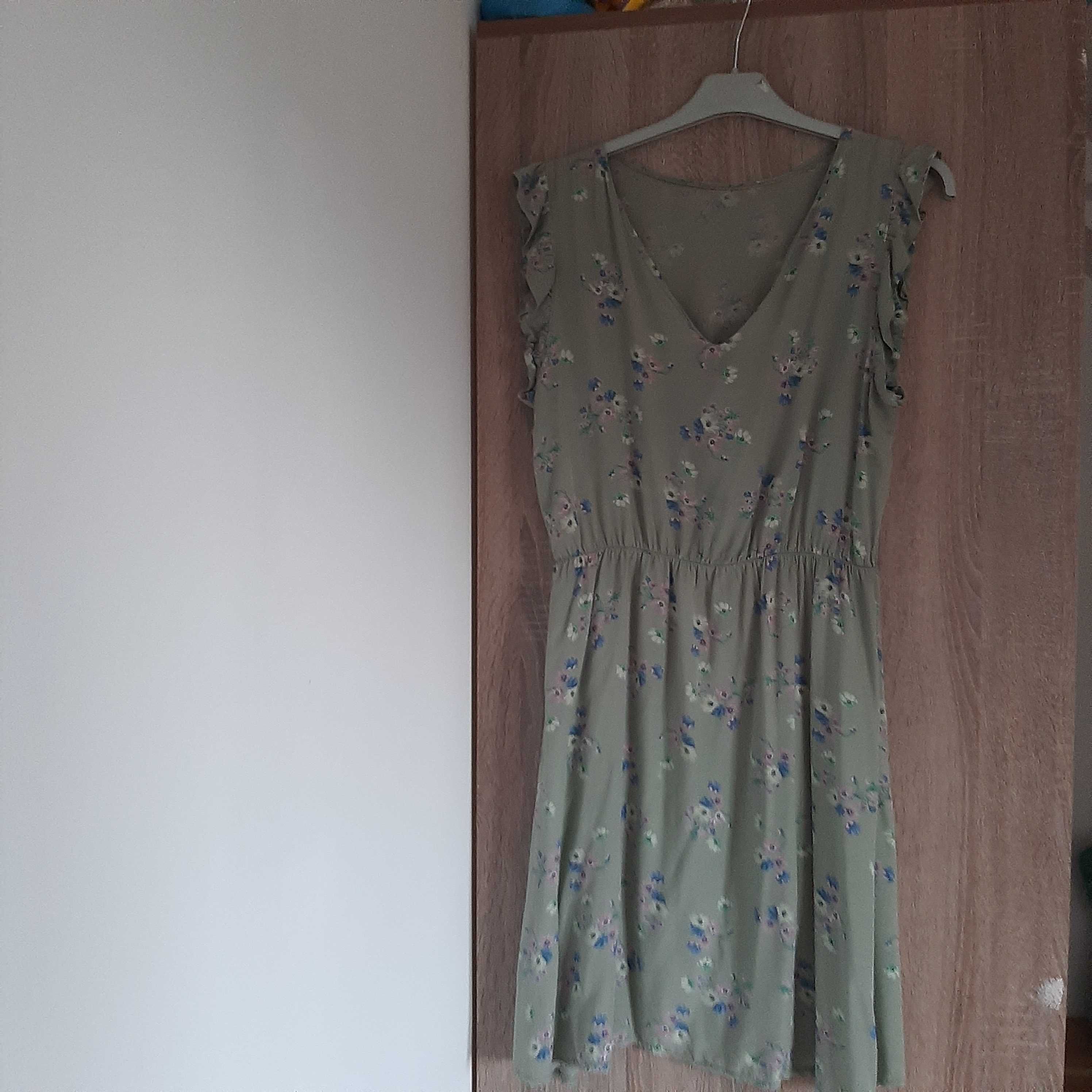 Ciemno zielona oliwkowa khaki kwiatowa sukienka M L 38 40