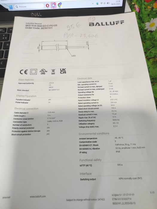 Sensor indutivo 8mm pnp 24vdc BALLUFF