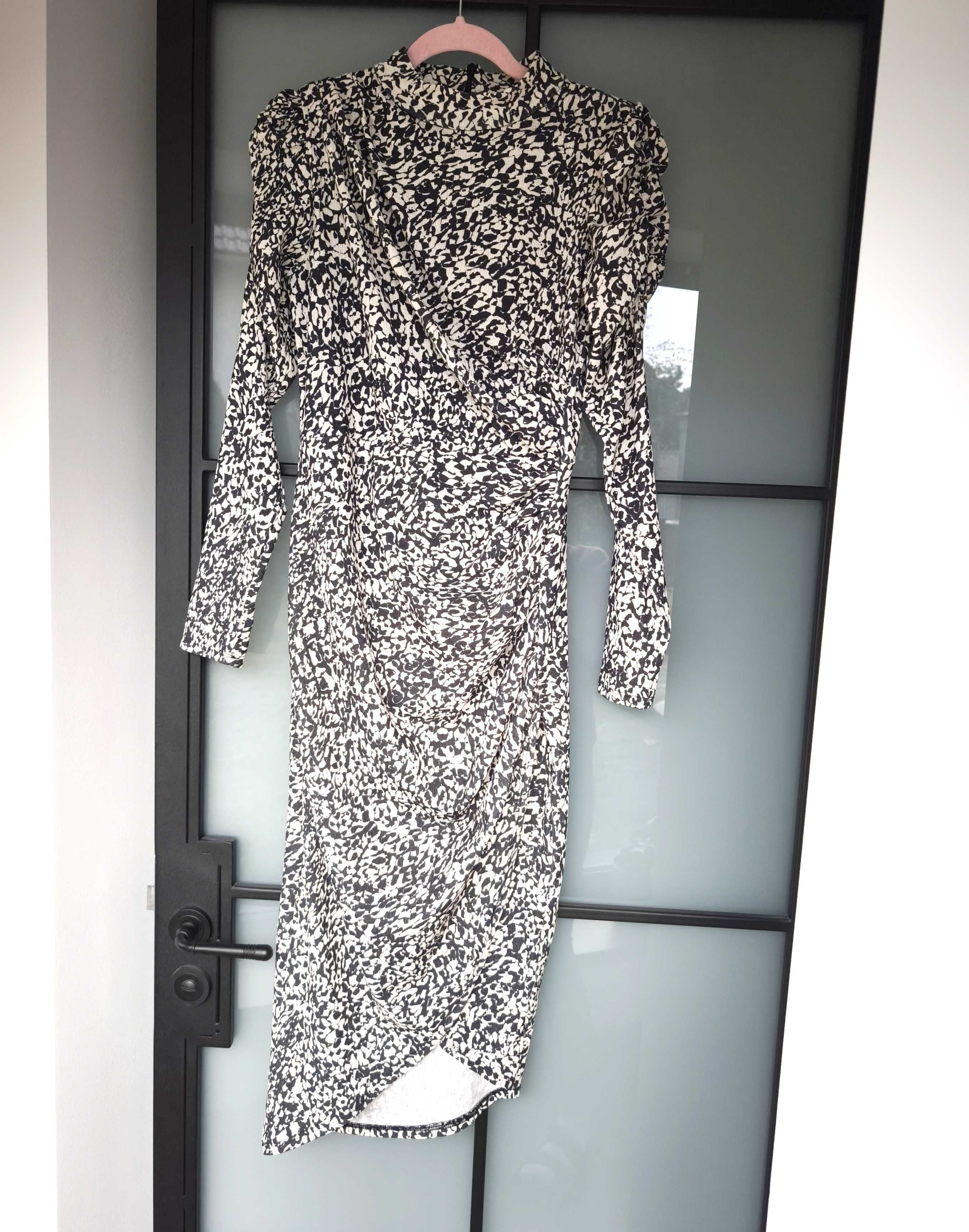 H&M wzorzysta sukienka midi kopertowa marszczona drapowana S