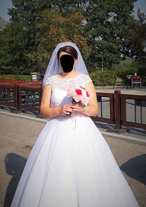 Suknia ślubna biała z różową kokardą 42/XL halka z kołami gratis