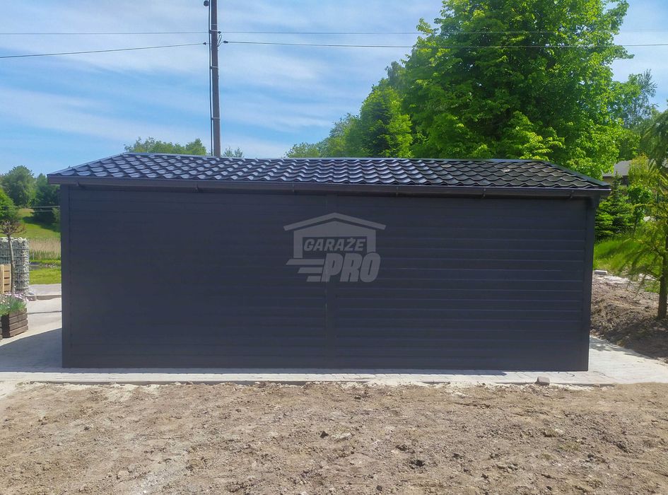 Garaż blaszany 4x6m Brama uchylna  Blachodachówka rynny dach GP583