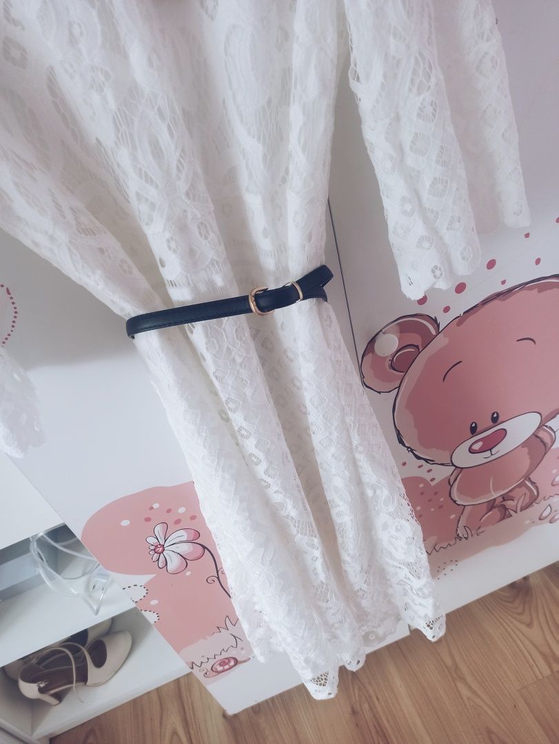 Nowa Biało Kremowa Ażurowa Sukienka midi, boho L