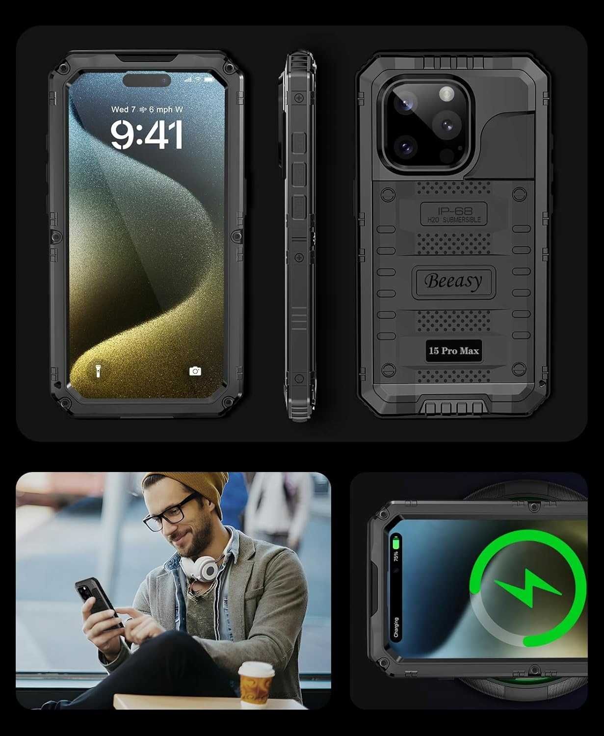 Beeasy etui wodoodporne iPhone 15 Pro Max etui metalowe 360 pancerne