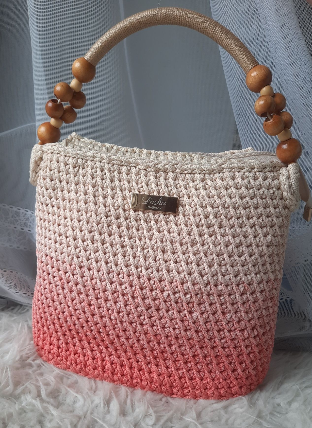 Pojemna torebka na szydełku handmade ombre koral jasny róż krem skóra