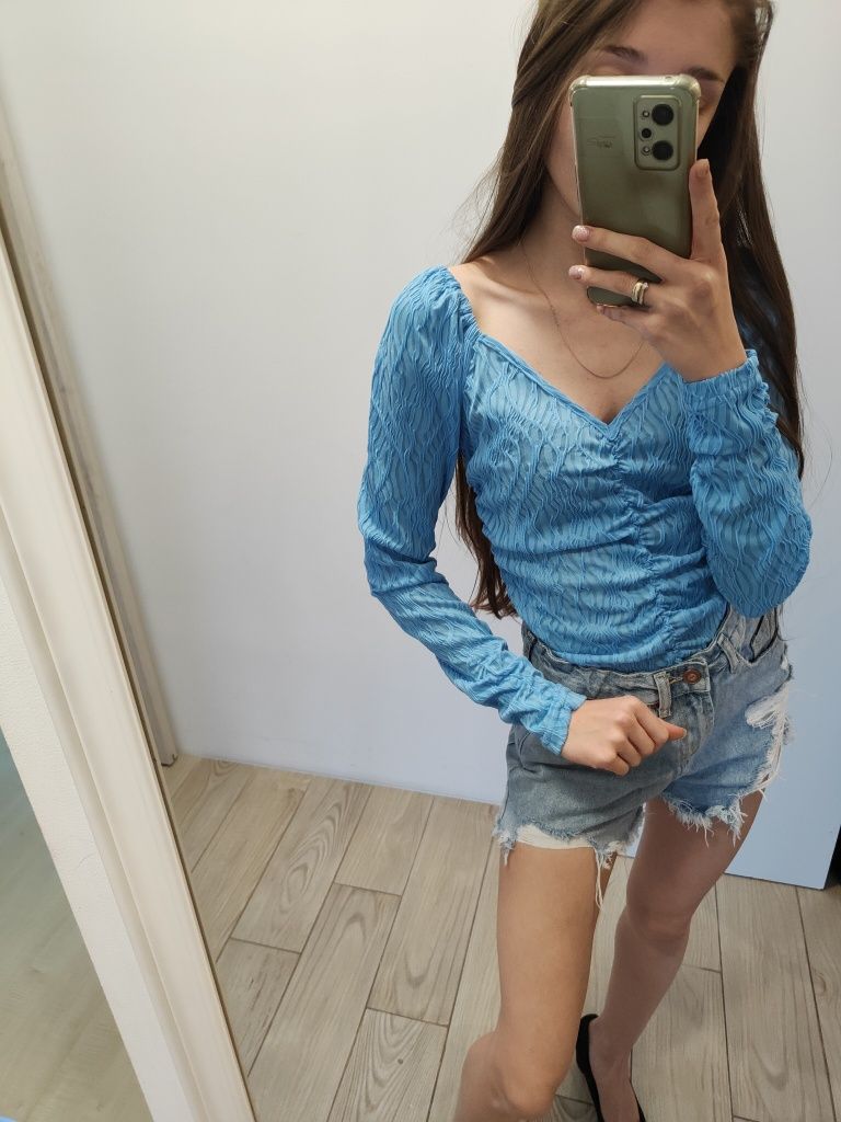 Błękitne body z marszczeniem nowe z metką Y.A.S niebieskie body S 36