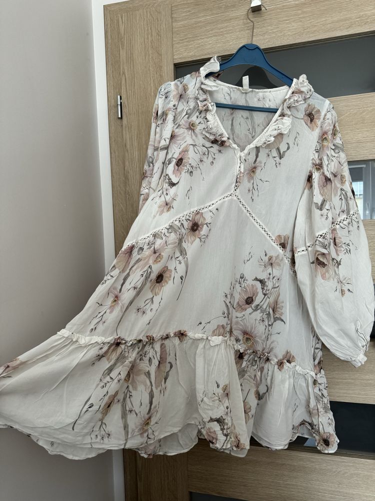 Piękna boho sukienka / tunika H&M 44 / 2XL  biały beżowy pudrowy róż
