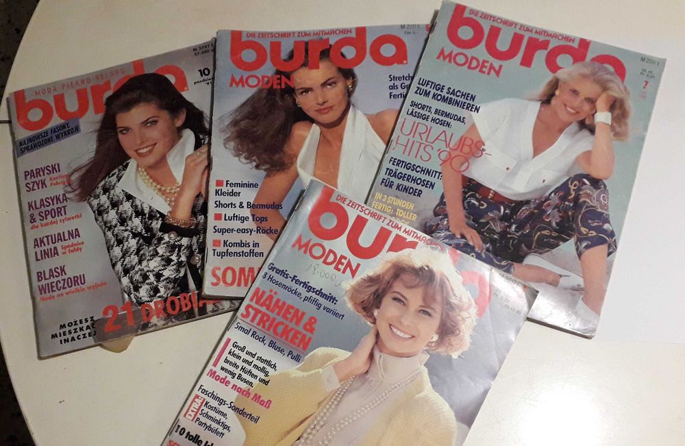 Miesięczniki modowe BURDA - 1990 nr 7, 1991 nr 1, 5, 10 - z wykrojami