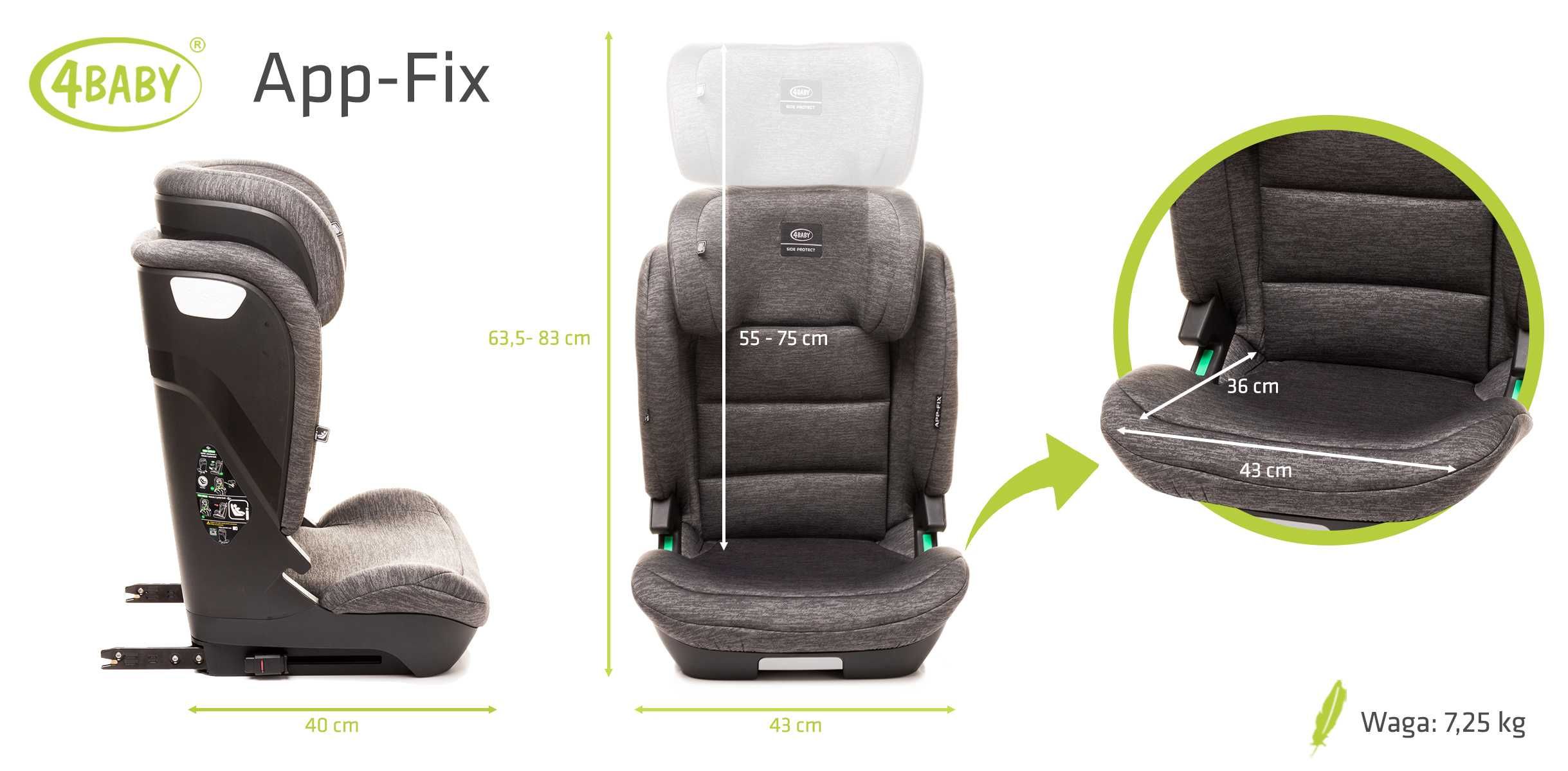 Fotelik Samochodowy 4Baby App-fix I-Size 100-150 cm 15-36 kg Isofix