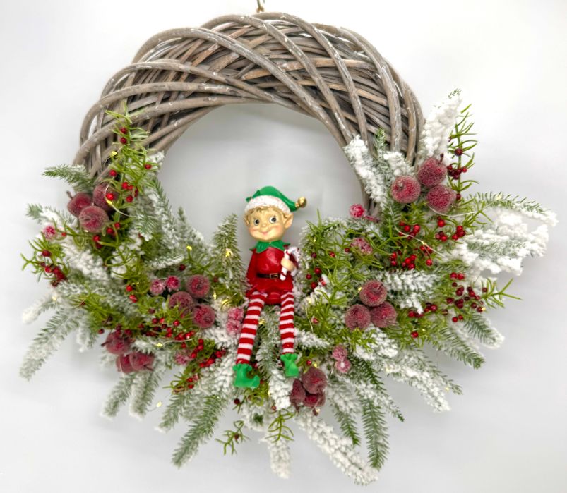 Wianek świąteczny LED zimowy na drzwi z elfem ręcznie robiony