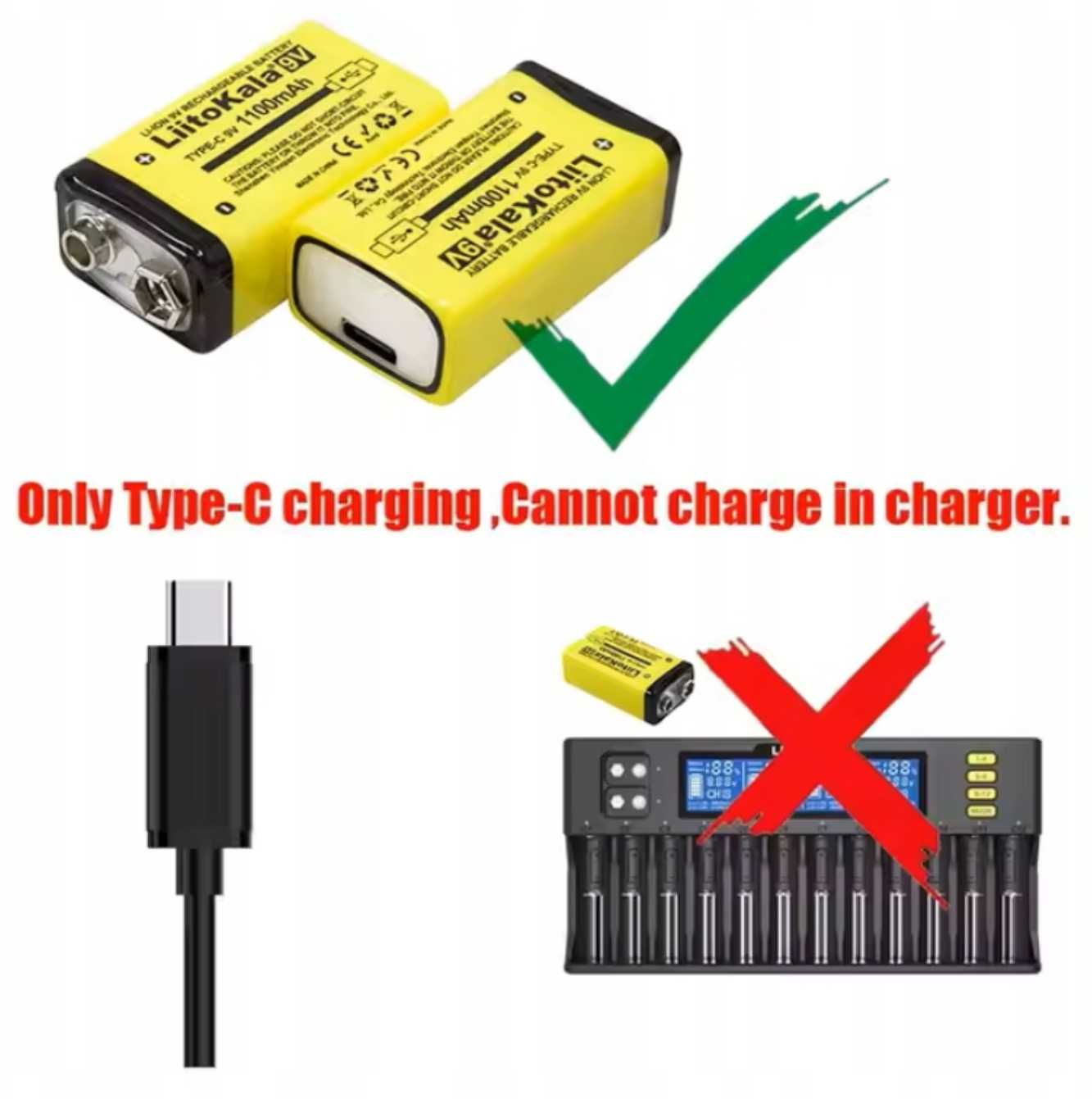 Akumulator Bateria LiitoKala 6F22 USB 9V 1100mAh Li-ion z USB typu C