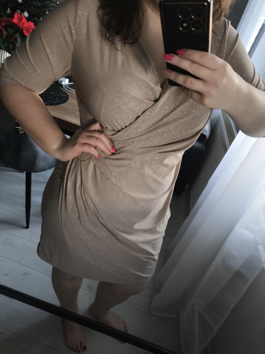 Nowa sukienka midi brokatowa złota 2XL 3XL 44 46 rękaw 3/4
