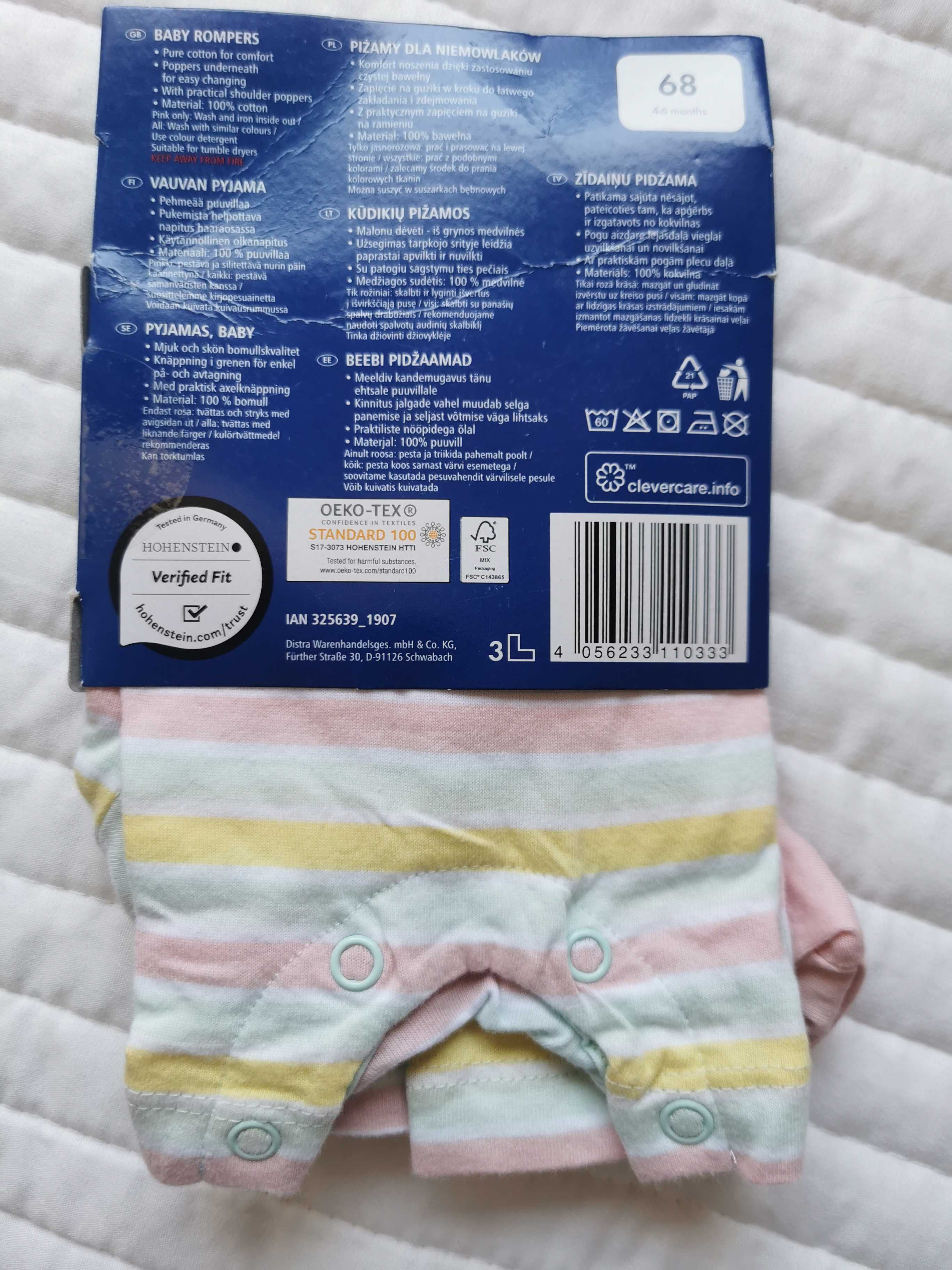 Dwie piżamy dla niemowlaków, rozmiar 68 (4-6) miesiąc