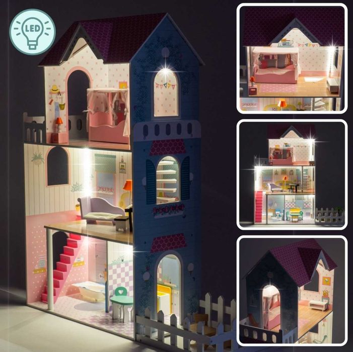 Domek dla Lalek XXL Drewniany z Tarasem i Światłem LED