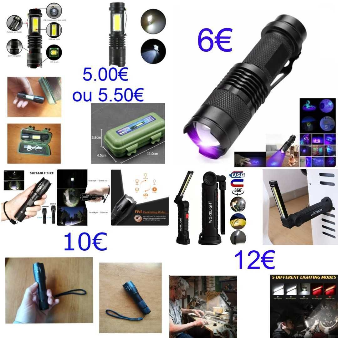 Lanterna Led (UV/ luz negra, longo alcance, usb/ pilhas, trabalho)