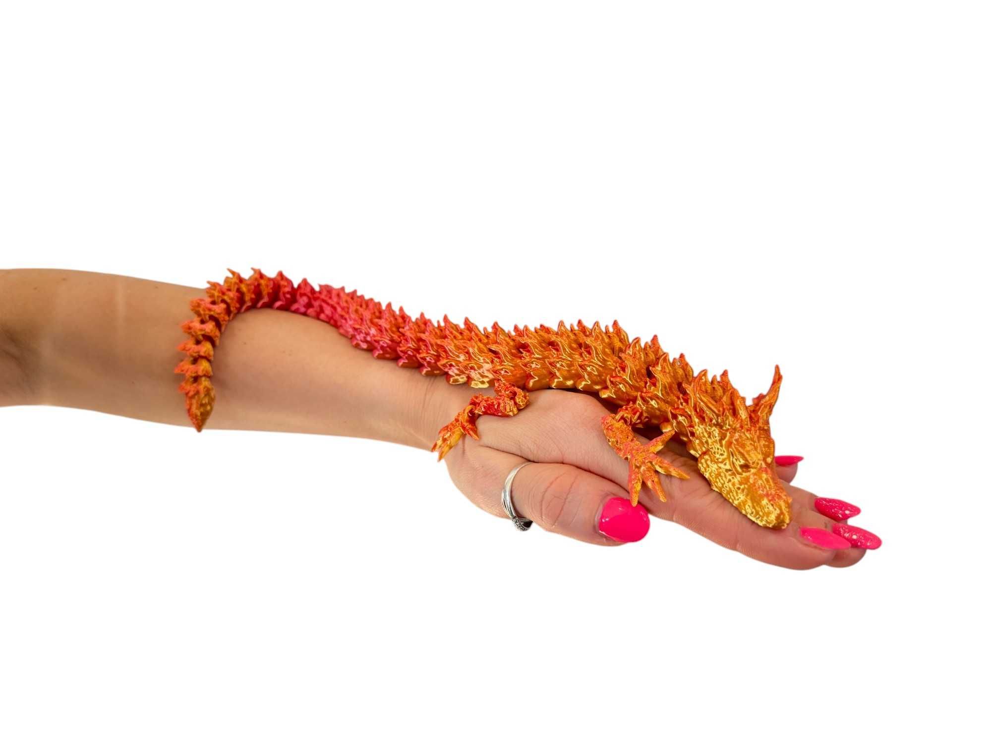 Ognisty Smok, Fire Dragon przegubowy, druk 3D różowo-żółty, ruchomy