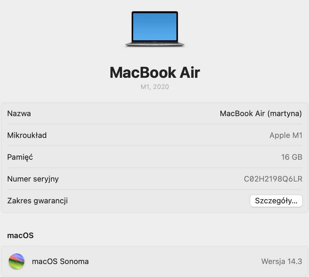 Apple MacBook Air M1/16GB/256/Mac OS Space Gray, używany 6 miesięcy
