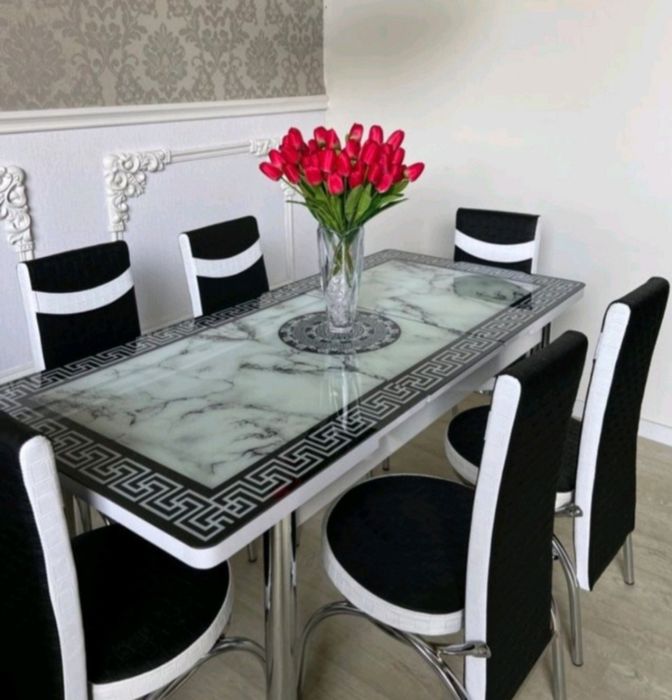 Стол обеденный кухонный раскладной со стульями. Стекло