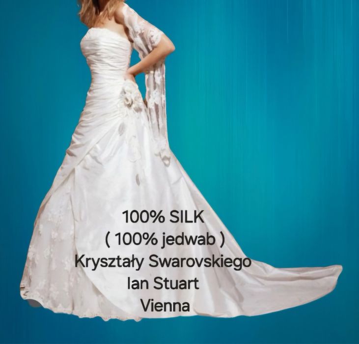 Suknia ślubna jedwabna z trenem kryształy Swarovskiego r 36 / 38 / 40