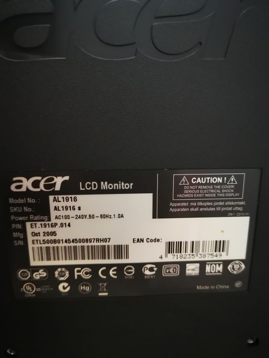 Monitor lcd Acer AL1816 placa nova.