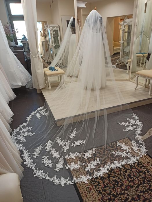 NOWY welon katedralny PROMOCJA długi jedwabny koronkowy 3,5m ivory ecr