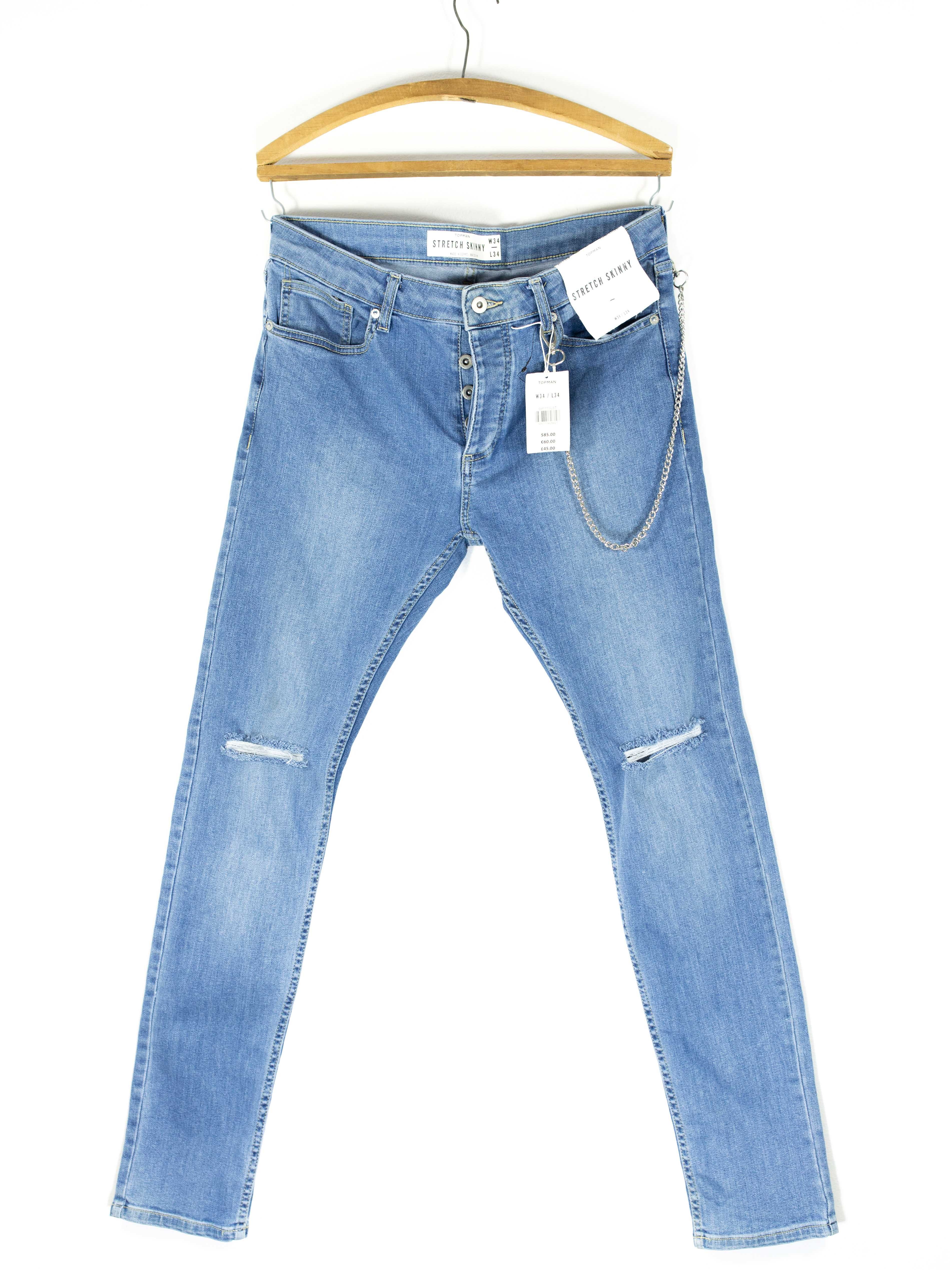 Topman Stretch Skinny W 34 L 34 nowe rurki z przetarciami i łańcuchem