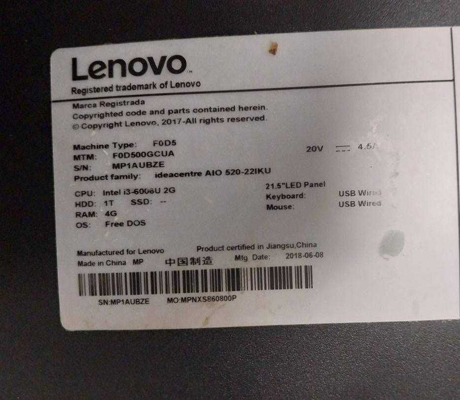 компьютер моноблок Lenovo Ideacentre AIO 520 21,5" проц i3 4gb ОЗУ