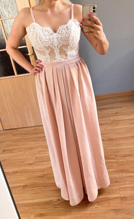 Sukienka na wesele z koronka Loola pudrowy róż
