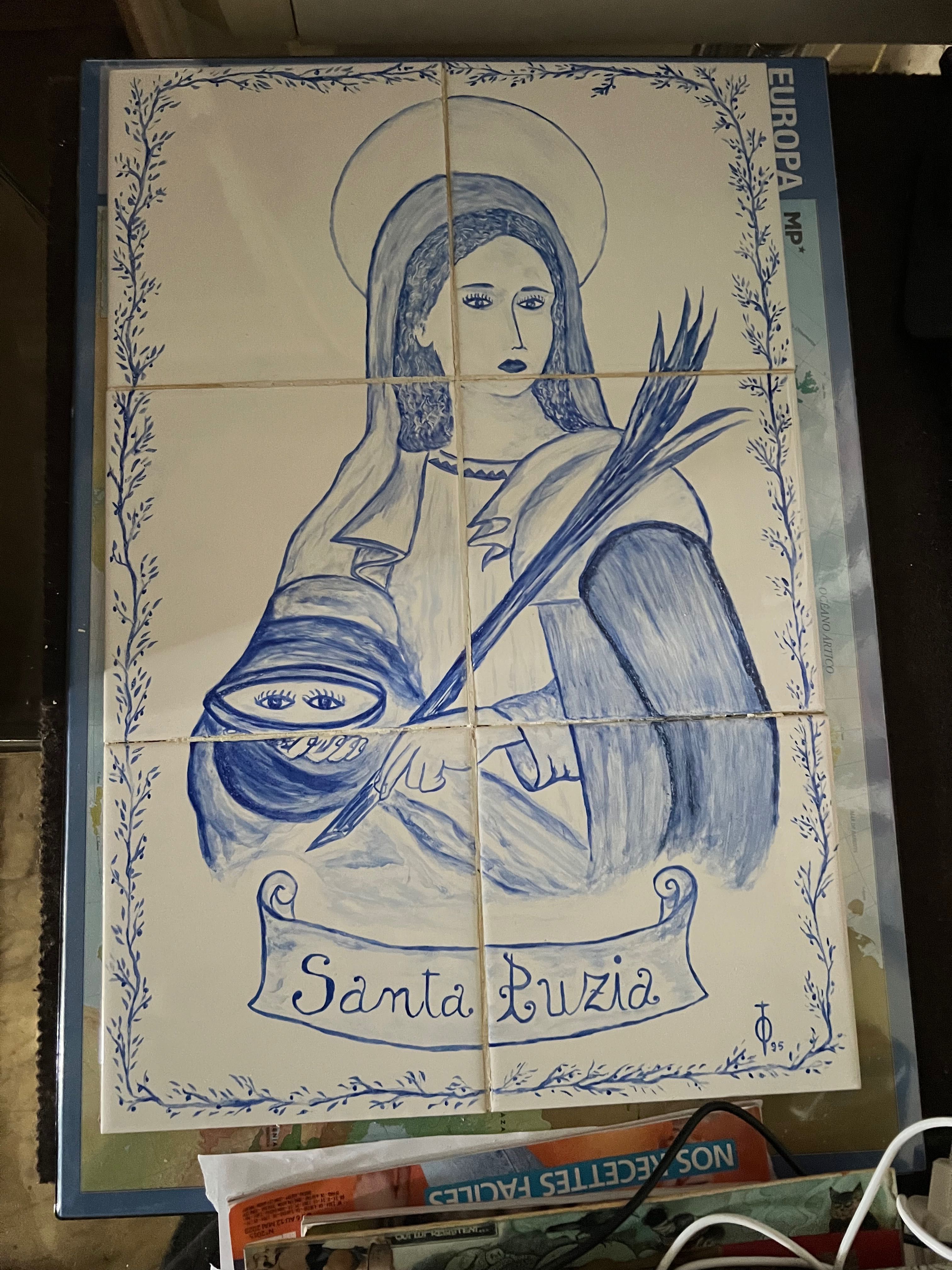 Santa luzia feito a mao azulejo antigo arte rara