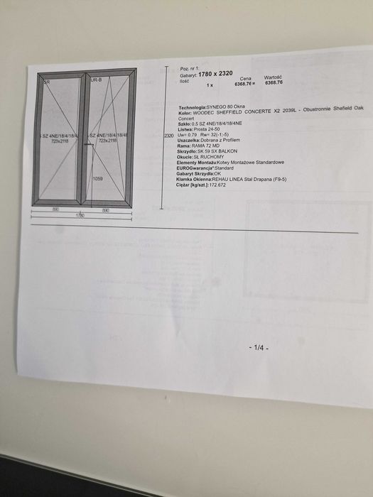 okno dwuskrzydłowe - balkon, fix,  woodec sheffield concerte x2