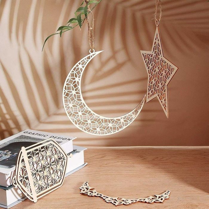 9 Sztuk Drewnianych Ozdób Ramadan Kareem, Dekoracje Wiszące, Białe