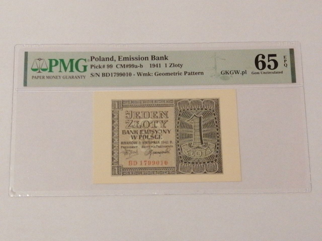 Banknot 1 zloty 1941r, PMG 65 EPQ