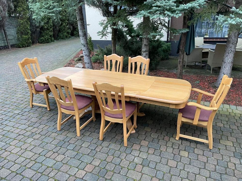 Stół dębowy rozkładany 6 krzeseł tapicerowanych holenderski